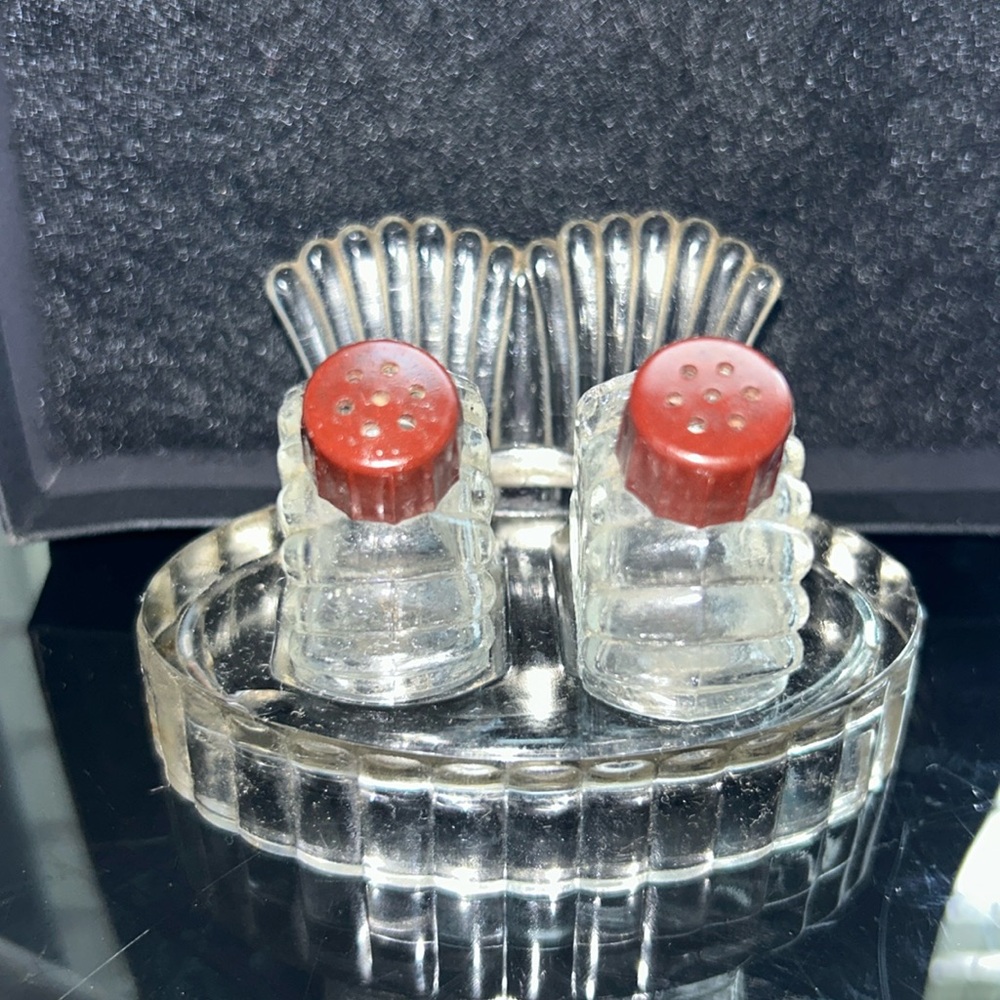 Hazel Atlas Glass Salt and Pepper Shakers with Holder - Ribbon Style - Art Deco